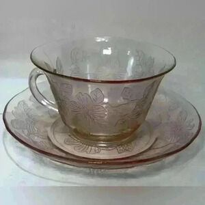 MacBeth-Evans Pink Depression Dogwood Apple Blossom Glass Cup and Saucer Mint